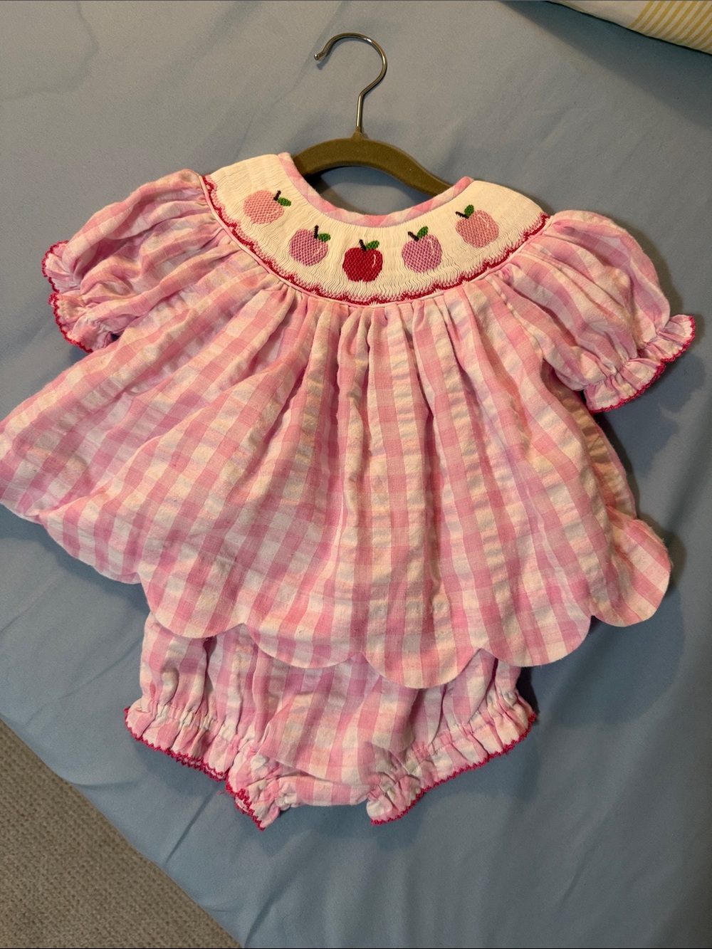 Pink Gingham Apple Smocked Baby Matching Set